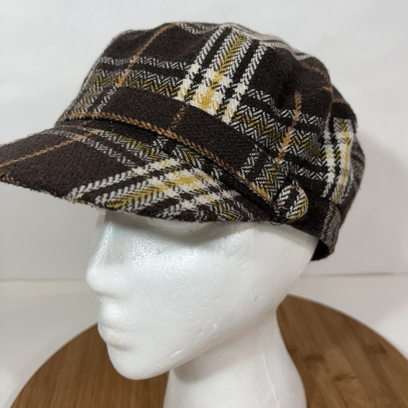 Plaid Newsboy Brown White Yellow Hat Cap Womens Preppy Retro Driving Wool Blend - Picture 2 of 10